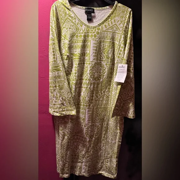 NWT Ashro Dress Size L Green White Long Sleeve Knee Length Garden Party Church - Picture 10 of 11